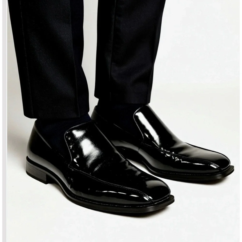 Joseph & Feiss International Mens Black Patent Leather Square Toe Loafers Formal